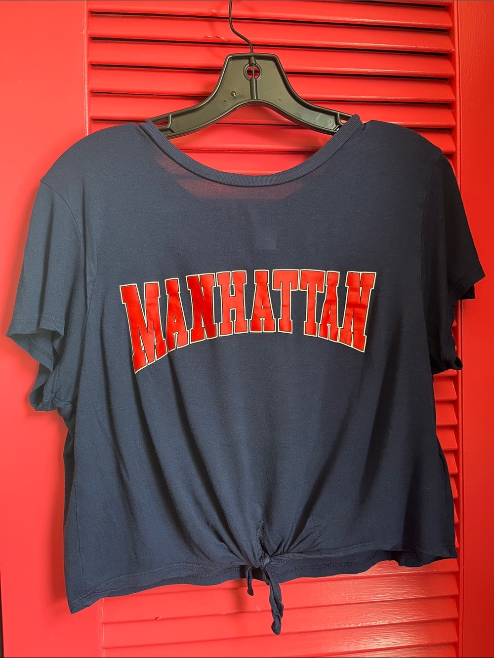H&M Navy Crop Top with Red MANHATTAN Graphic and Front Tie